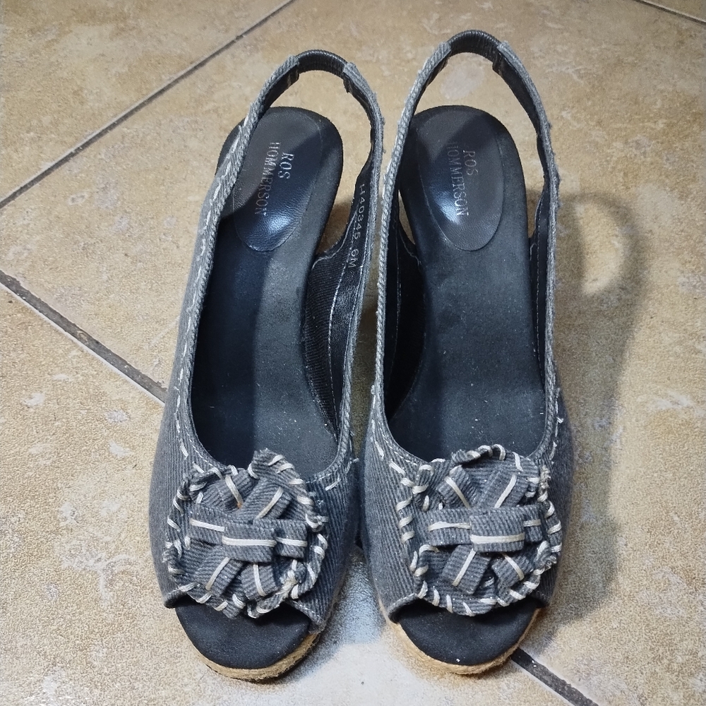 Ros Hommerson Canvas Slingback PeepToe Rope Wedge Sandals Size 6M